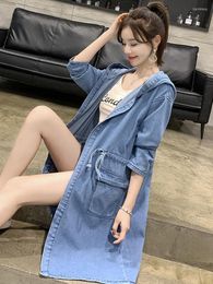 Women's Trench Coats Vintage Women 2023 Spring Autumn Drawstring Mid-Length Hooded Windbreaker Jacket Female Loose Western Style Denim