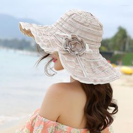 Wide Brim Hats Fashion Women Hat Korea Style Flower Packable Large Anti-UV Adjustable Ladies Floppy Beach Sun HatWide Oliv22