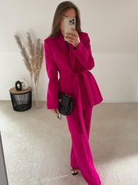 Women's Suits Blazers Fashion Coats Women Spring OL Casual Long Sleeve Rose Red with Belt Female Lace Up High Street Chic Outerwear 230509