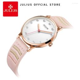 Relógios de pulso Julius 2023 Women Women Pink Watch for Girls Quartz Wrist Hole Dial Designer Whatch Leather Strap Dress Relogio feminino JA-1021