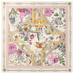 Sarongs Pobing Silk Scarf Women Flowers Print Stoles Square Scarves는 큰 두건 Kerchief Hijabs Femal Foulards 130cm 230508