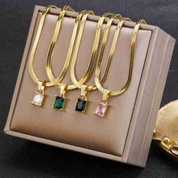 Pendant Necklaces Vintage Rust Steel Zircon Flat Snake Bone Chain Blade Square Emerald Women Dropshipping Y23