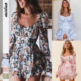 2023 Jumpsuit new floral women's sexy backless fashion square collar long sleeve European and American peplum shorts tide