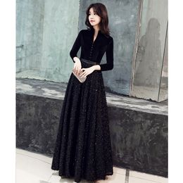 Black Evening Gown V-Neck Botton Solid Patchwork Sequined Robe De Soiree K362 Three Quarter Sleeve Evening Dress Prom Party Gowns Dresses