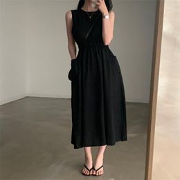 Casual Dresses Korean Chic Summer Retro Niche Round Neck Fold Waist Slimming Double Pocket Sleeve Vest Dress Long Skirt Female