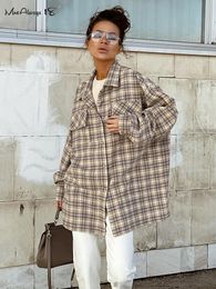 Shirts Mnealways18 Khaki Shacket Oversized Shirts Womens Dropped Shoulder Plaid Blouses Outwear Street Style Pockets Casual Tops 2023