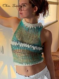 Women's Tanks Camis Women Green Knitted Y2K Crop Top Patchwork Sleeveless Sexy Hollow Out Tops Summer Beach Fashion Vintage Short 230510