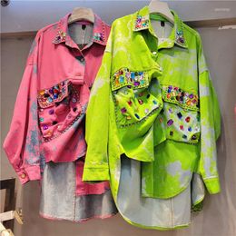 Women's Blouses Chic Women Rhinestones Denim Jacket Irregular Printed Shirt Diamonds Beaded Blouse Cardigan Single Breasted Jeans Coat Crop