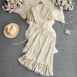 Two Piece Dress Chic Dots Print Skirt Pieces Sets Sexy Puff Sleeve VNeck Bandage Cropped Tank Top with Korean Fashion Vacation 230509