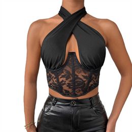 Women's Tanks Camis Sexy Lace Tops Woman Neck Sleeveless Strappy Cross Backless Crop Top Over Front Cut Out Halter Bandage Vest Cross Women Clothes Z0510