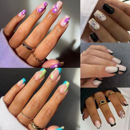 False Nails 24pcs Nail Tips DIY Fake Nials Black Edge French Long Square Flower Crystal