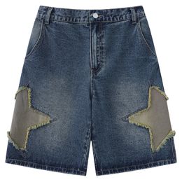 Men Jeans Shorts Y2K Harajuku Retro Embroidery Star Patch Baggy Denim Shorts Streetwear Summer Fashion Casual Short Pants Blue