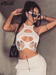 Women's Tanks Camis FQLWL Summer Sexy Solid Halter Tops Outfits For Women White Hollow Out Sleeveless See Through T Shirts White Casual Club Tees Z0510