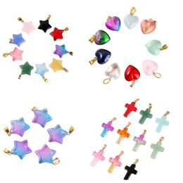 12PCS Glass Crystal Pendant for DIY Making Jewelry Love Heart Cross Stars Shape Healing Chakra Reiki Stone Pendants Charms Bulk