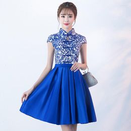 Ethnic Clothing Fashion Blue And White Porcelain Chinese Dress Qipao Traditional Cheongsam Short Show Banquet Annual Meeting Evening Gown