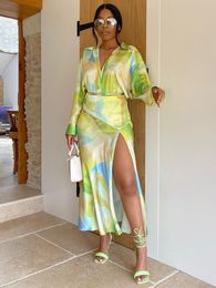 Two Piece Dress Tie Dye Print Satin Sets Womens Outfits Long Sleeve Oversized Shirt And High Waist Front Slit Skirt Set Women 230509