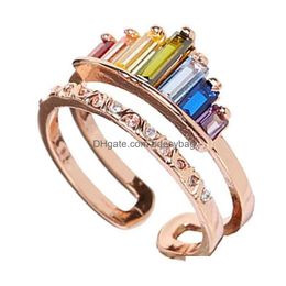 Band Rings Bohemian Colorf Double Layel Rainbow Cz Ring For Women Girls Fashion Engagement Top Quality Charm Finger Jewellery Dhytg