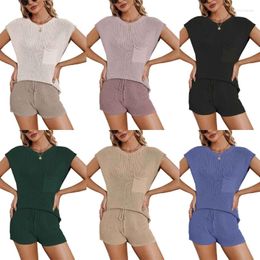 Women's Tracksuits Women Knit Sweater 2 Piece Outfit Set Short Cap Sleeve O-Neck Pullover Top And High Waist Shorts Solid Colour Loungewear