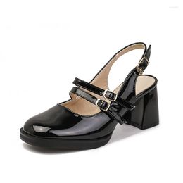 Dress Shoes Square Head Sandals Mary Jane 6.5cm Block High Heel Women Black Heels Slingbacks