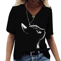 Women's T-Shirt Fashion Woman Blouses 2023 T-Shirt Women's 3D Cats Print Black T Shirt Female Clothing Oversized Summer Ladies V-Neck Tee P230510