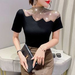 Women's T-Shirt 2023 Summer European Clothes T-Shirt Chic Sexy Hollow Out Patchwork Shiny Diamonds Women Tops Short Sleeve Elastic Tees 32069 P230510