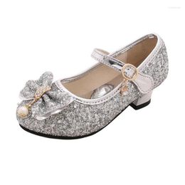 Flat Shoes Girl High Heels Glitter Sequin Princess Leather Children Students Show Silver