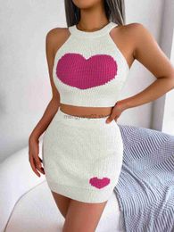Two Piece Dress Spring Summer Leisure Color Contrast Naked Top Wrapped Hip Skirt Set Women's Knitted Suit Love Pattern Sleeveless Hanging Neck T230510