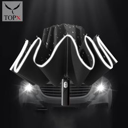 Umbrellas Windproof Reverse Automatic Umbrella Rain Women Men Car Large Business 3Folding 10 Ribs Reflective Stripe Paraguas 230510