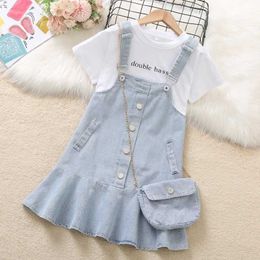 Clothing Sets 4-12 Years Girls Summer Suspender Dress Little Princess Suit Fashion Straps Denim Overalls Send Bag Birthday Gift Y23