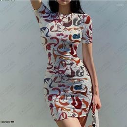 Casual Dresses Summer Tight Fitting Women's Short Sleeved Round Neck Dress 3D Printing Temperament Sexy Buttocks Wrapped