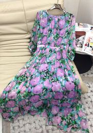 Casual Dresses Silk High Quality Summer Women Lantern Sleeve Green Purple Floral Printed Long Elegant O-neck Folds Swinging Dress