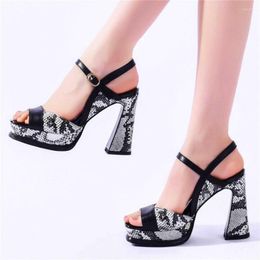 Dress Shoes Gladiator Sandals Women's Leather Open Toe Block High Heel Sexy Snake Pattern Platform Pumps Punk Goth Summer Shoe