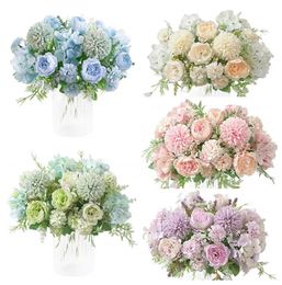 Decorative Flowers Silk Peony Hydrangea Flowers Bouquet 7 Forks Artificial Realistic Plastic Carnations Peonies Flowers Wedding Garden Decoration LT404