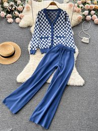 Pants SINGREINY Plaid Knitted Two Pieces Suit Women Loose Knit Cardigan +Wide Leg Knitted Long Pant 2022 Winter OL Casual Sweater Sets