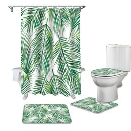 Shower Curtains Green Leaf Bathroom Curtain Set Bath Mat Sets With Hooks Non-Slip Pedestal Rug Toilet Cover