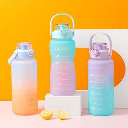 Water Bottles 2L Outdoor Large Capacity Sport Bottle Creative Plastic Cup Bounce Cover Leakproof Straw With Time Marker 230510