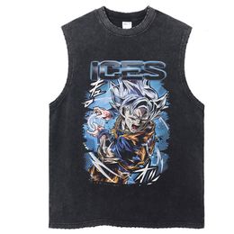 Men's Tank Tops Anime Vest Top Washed T Shirt Vintage Graphic 100 Cotton Tshirt Casual Sleeveless Hip Hop Streetwear Tee 230509