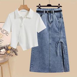 Work Dresses Summer Elegant Skirt 2 Piece Set Women T-shirt Top Denim Skirts Suit Two Sets Korean Fashion Plus Size Clothing Q75