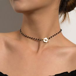7 Colour Jewlery for Women Designer Fashion Temperament Black Crystal Glass Bead Chain, Simple OT Button Short Flower Necklace