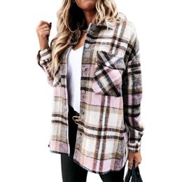 Women's Blouses Shirt Retro Plaid Print Casual Lapel Long Sleeve Button Front Loose Pocketed Coat Female Outerwear Chic Shirts Tops 230510
