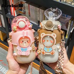 Water Bottles 700ml Kids Bottle Kawaii Plastic Cup with Lid and Straw Cute Cartoon Tumbler for School Girls Portable Leakproof Drinkware 230510