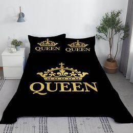 Set Queen Crown Black Bed Sheet Set 3D Printed Bed Flat Sheet With Pillowcase 2/3pcs Bed Linen For Adults Kids King Queen Size