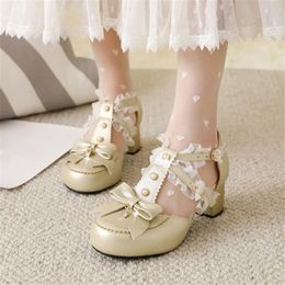 Sandals PXELENA JK Doll Japanese Cosplay Uniform Costume T-Strap Girls Princess Pearls Ruffles Lace Med Heels Wedding Shoes Gold