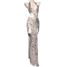 Stage Wear Sexy Hollow Out Women Silver Shining Sequins Rhinestones Halter Backless Dress Fashion Show Costume Party Rave Outfits