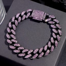 Link Bracelets Hip Hop Iced Out Pink Rhinestone Cuban Chain For Women 13MM Bling Paved Crystal Bracelet Fashion Statement Jewelry