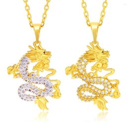 Pendant Necklaces Women Men Chain With Dragon Design Iced Out Tiny Cubic Zirconia Inlaid Real 18k Gold Color Jewelry Gift