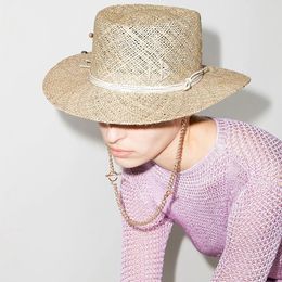 Wide Brim Hats Bucket Fashion Letters Summer Concave Top Seagrass Straw For Women Men Caps Chain Sun Outdoor Panama Jazz Boater 230509