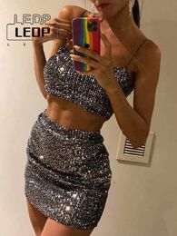 Two Piece Dress LEDP Y2K Sequin Party Club Sexy Festival Clothing Female Suit Skirt Sets Womens Outifits Crop Top Black Mini Skirts 230509