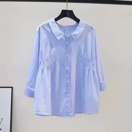 Women's Blouses Light Blue Vertical Stripe Cotton Shirt Women 2023 Spring Design Sense Waist Closed Long Sleeve Small Fresh Loose Top Female