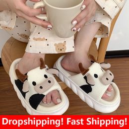 Slippers Cute Cartoon Milk Cow Linen For Women Thick Bottom Home Shoes Cotton Couple Indoor Funny Male Slides 230510